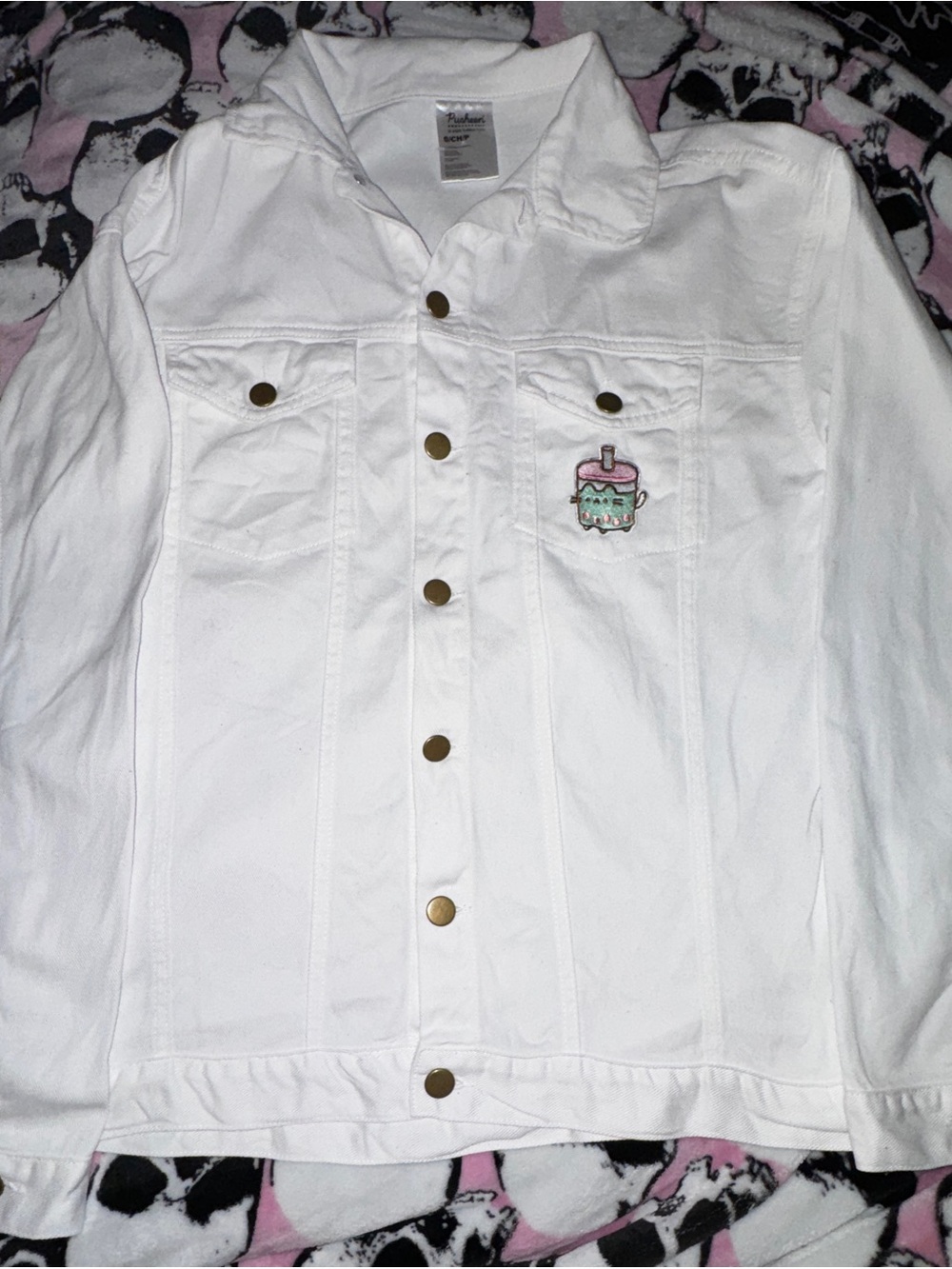 Pusheen White Denim Jean Jacket with Pastel Cupcake Patch